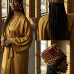 Tall Kente African print hat Nefertari Dawn styled as Ghanaian wedding hat for women, elegant African fashion and African attire by Dupsie’s African Fashion.