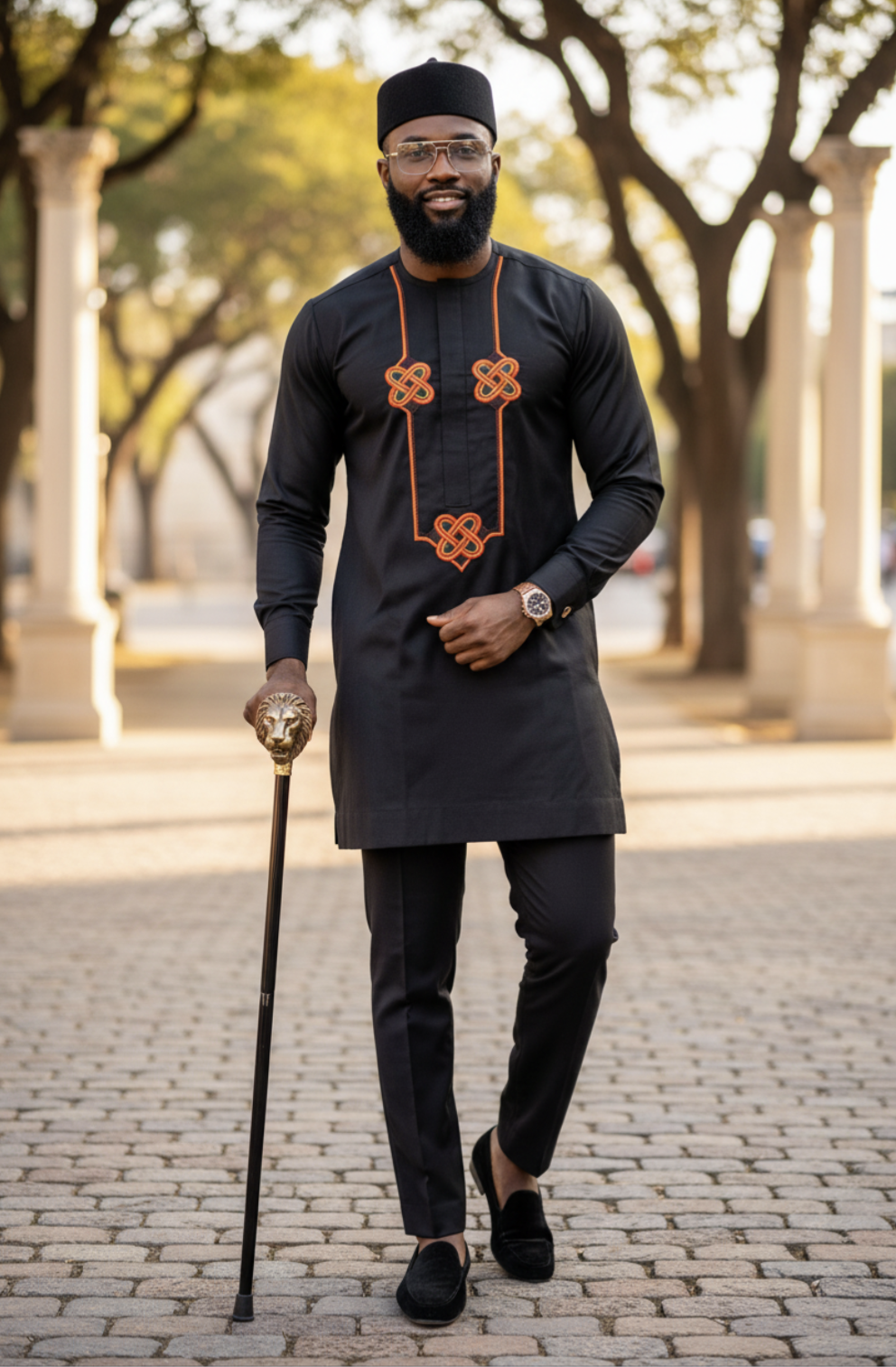 Taloju African Senator Suit showcasing the Black Dashiki top with Orange and Green embroidery.