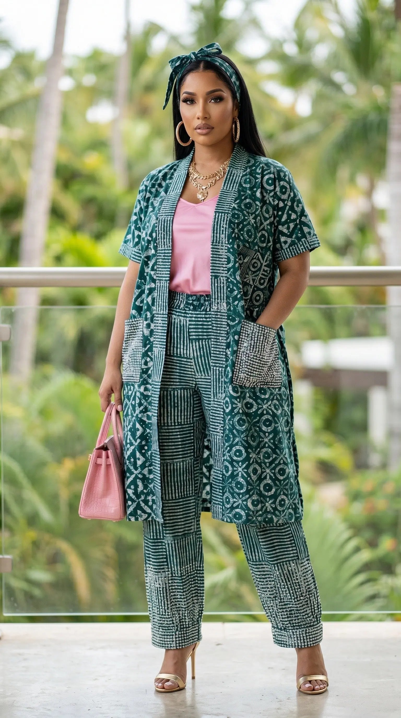 african dressing for women Tammi Emerald Green Rhinestoned Tie-Dye Kimono Pants Suit | African Clothing | Dupsie's African Fashion DPKTPEG17 hideFlairAppBadge and a flattering fit Women's Red Underwire Detail Color:Pink Yellow