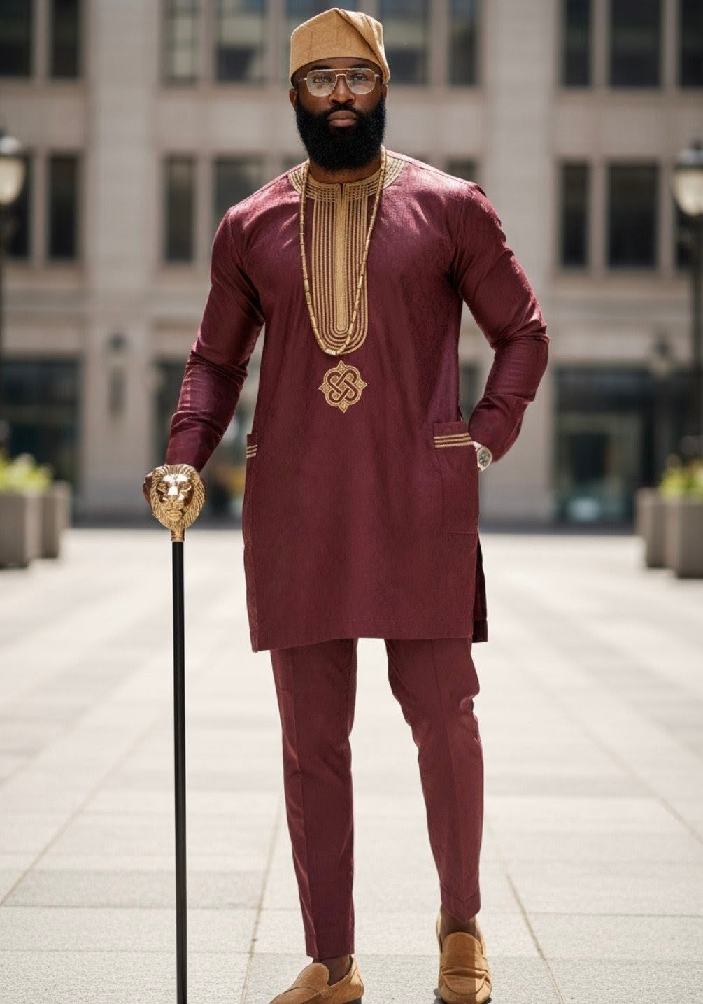 Intricate Tan Embroidered Dashiki Top from Burgundy Agbada Ensemble