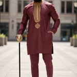 Intricate Tan Embroidered Dashiki Top from Burgundy Agbada Ensemble