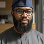 Taofik Navy-Blue handwoven Aso Oke fila African hat for men by Dupsie’s African Fashion, premium Nigerian Yoruba hat for African clothing and African attire