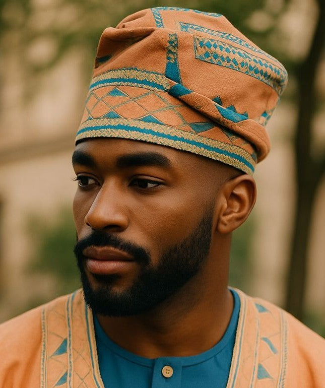 Peach Aso Oke brimless kufi hat with teal patterns – authentic African clothing by Dupsie’s African Fashion 