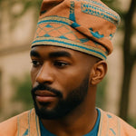 Peach Aso Oke brimless kufi hat with teal patterns – authentic African clothing by Dupsie’s African Fashion 