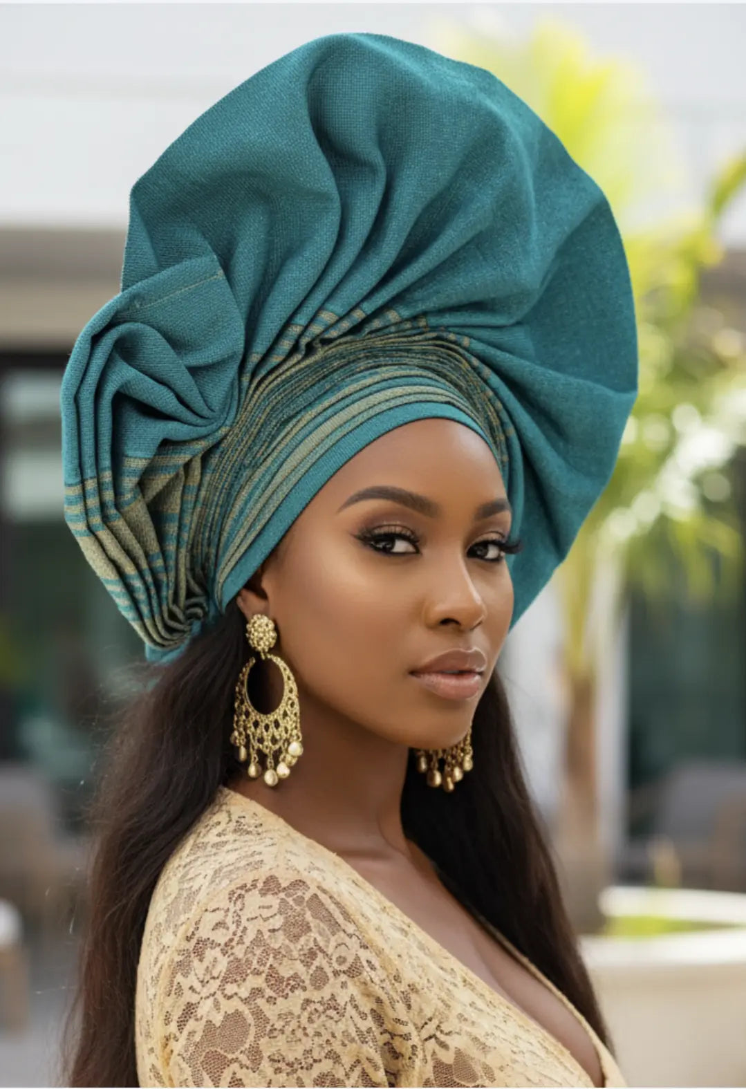 Shop Temini Aso Oke Autogele Hat - Teal and Tan Crown Head  display picture 2