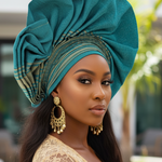 Temini Aso Oke Autogele Hat in teal and tan on a beautiful 