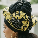 Tie Dye African hat for women in yellow, black and gray cotton, Arinade African fashion hat styled for modern African clothing and African attire.