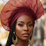 Burgundy Aso Oke Autogele pre-tied head wrap hat by Dupsie's, showcased on a lady