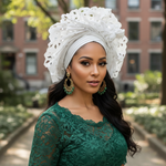 Tito White Lazercut Autogele Pre-Tied Head Wrap showcasing intricate lazercut patterns and rhinestones.