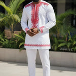 Tofia white and red embroidered African Dashiki for men by Dupsie's African Fashion in premium silk cotton blend.