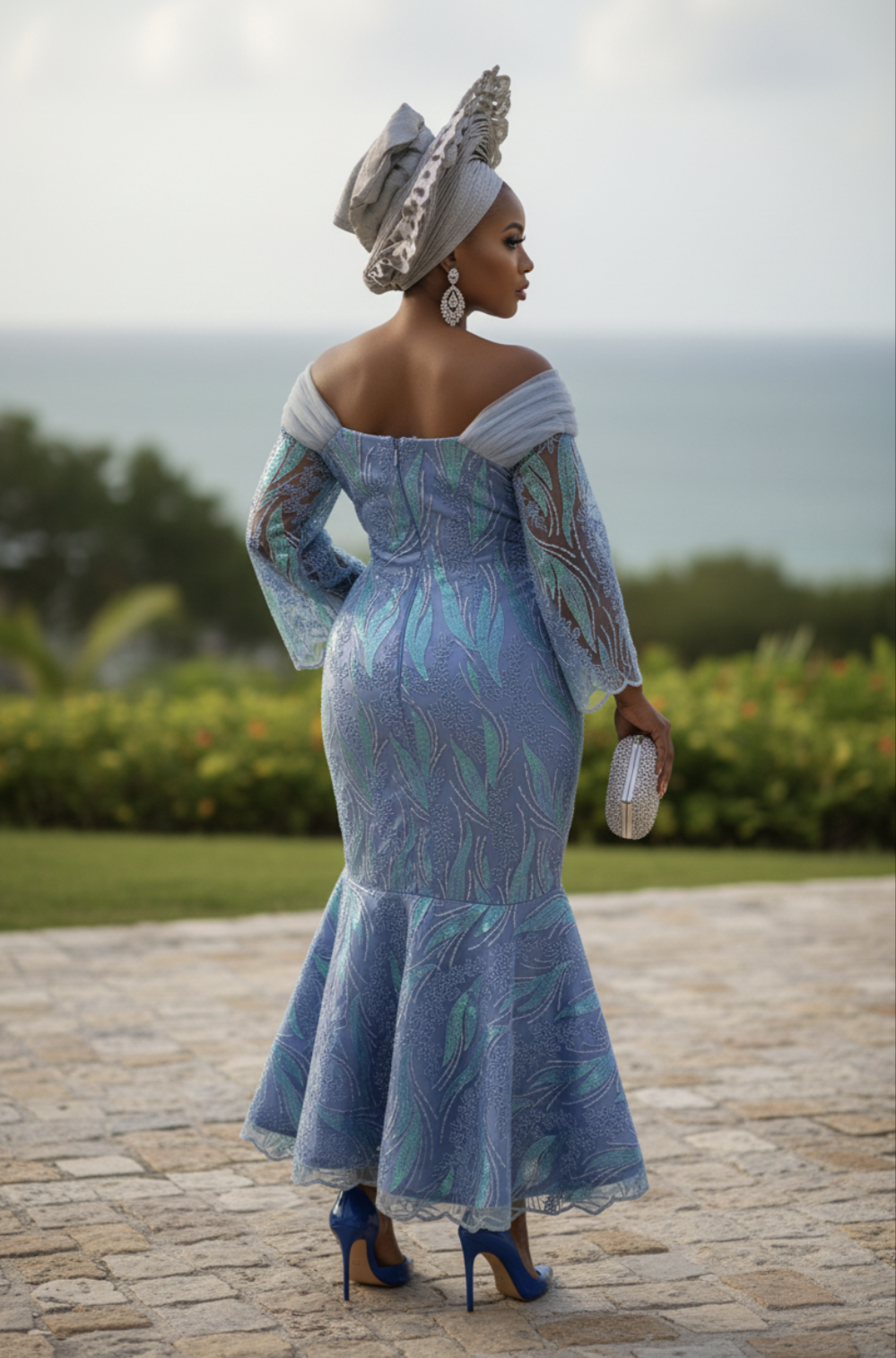 Detailed view of the African-inspired sequin lace dress by Dupsie's Fashion