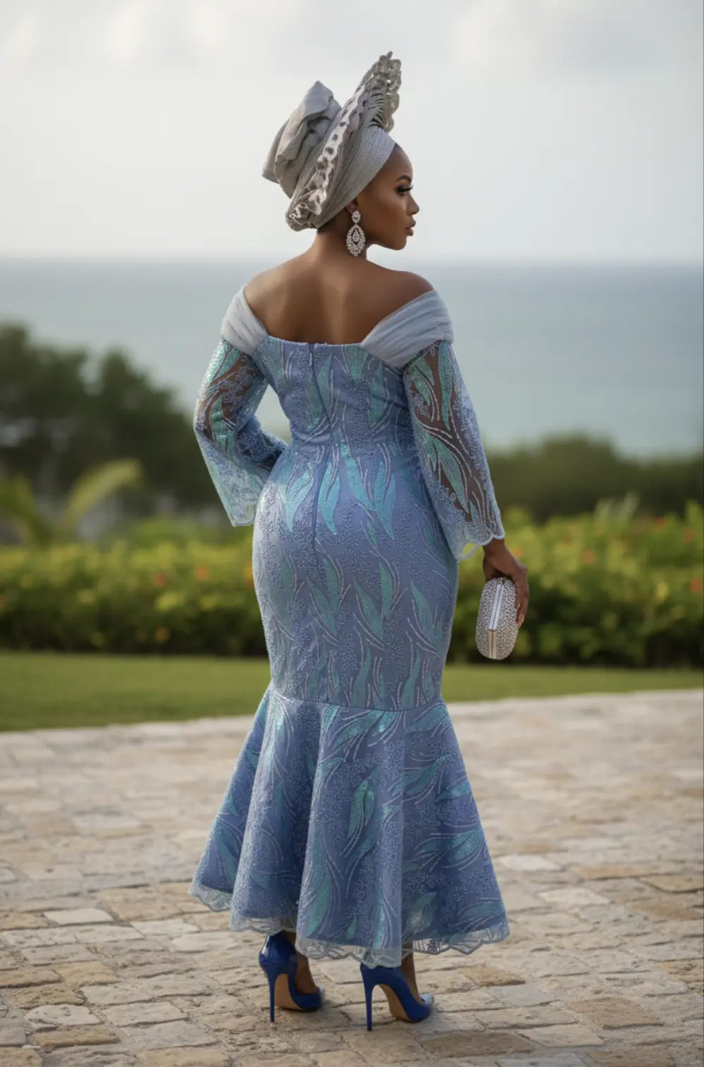 Banteria Asymmetric Light Blue & Silver Sequined Lace Dress