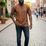 Elegant Kente Dashiki in Purple and Gold, perfect for traditional and contemporary wear.