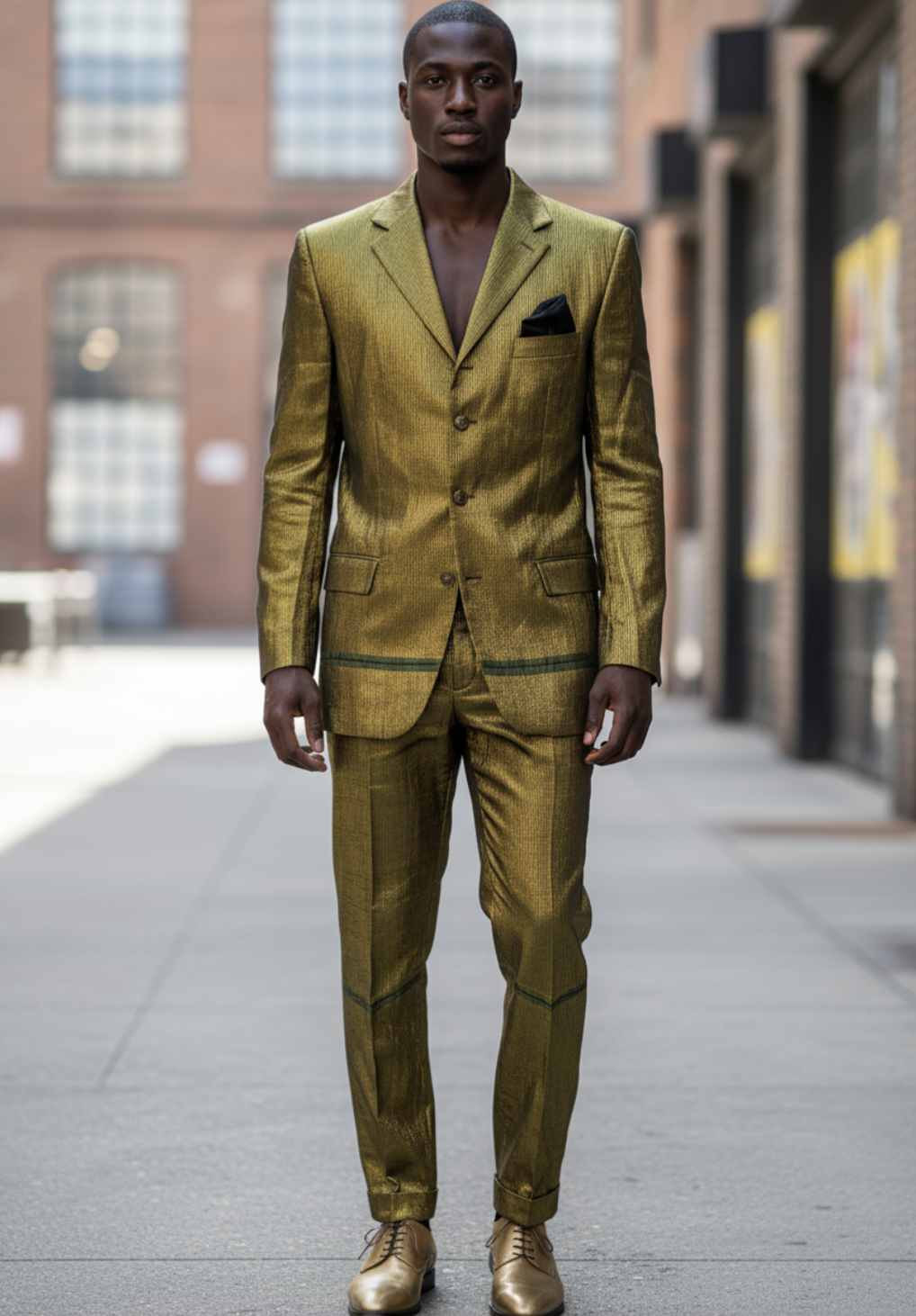 Handcrafted African clothing featuring a shiny gold pinstripe suit jacket and matching pants."