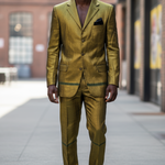 Handcrafted African clothing featuring a shiny gold pinstripe suit jacket and matching pants."