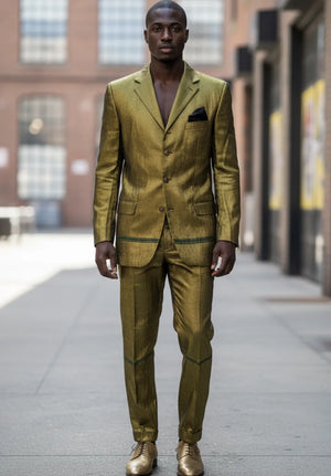gold dress matching suit Gbono Majestic Elegance Aso Oke Gold Pinstripe Suit Ensemble DPSASOK6