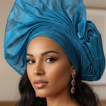 Turquoise Blue Aso Oke Autogele Ready Gele Head Wrap Hat by Dupsie's