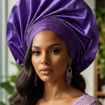 Ugechi Sego Autogele purple head wrap hat with fan-like design and rhinestones