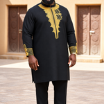 Umoh black African Dashiki set for men with gold embroidery and matching pants