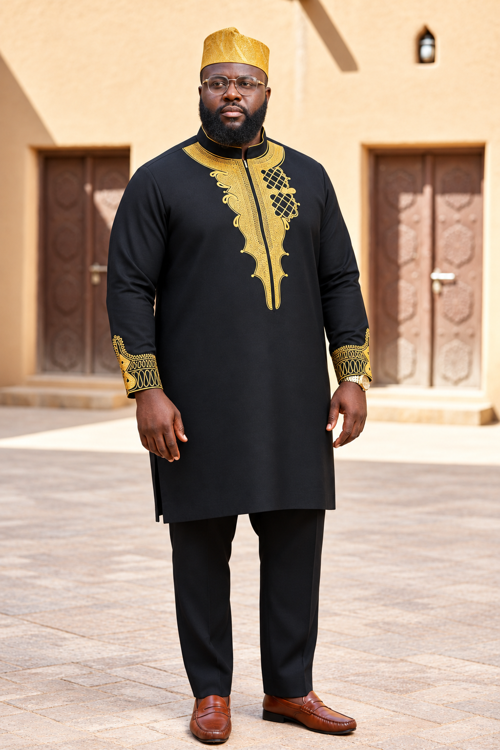 Black and gold embroidered Nigerian Dashiki Senator set for men