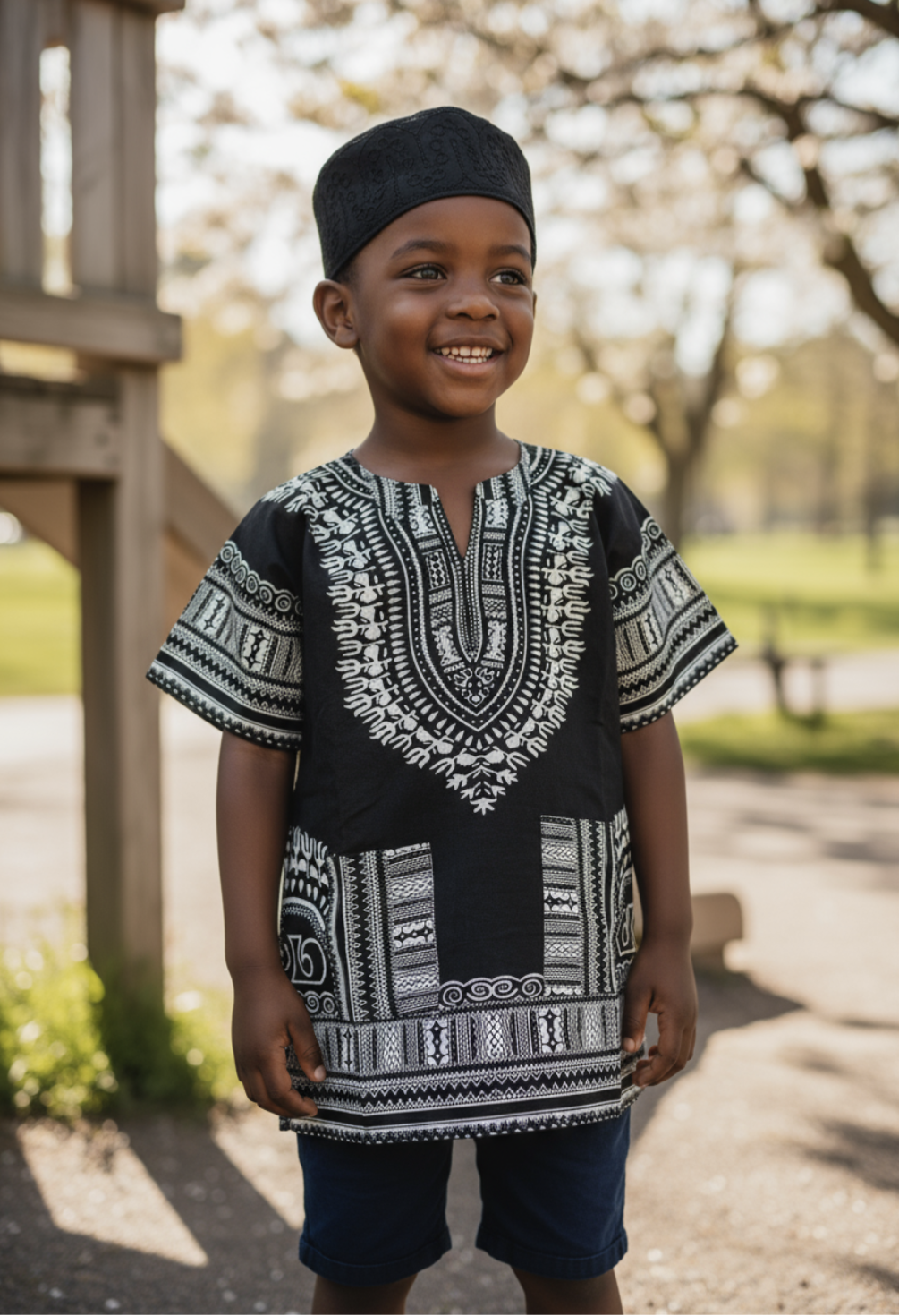 Unisex short sleeve dashiki top showcasing African symbols and artistry.
