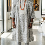 Unocha White Embroidered Grey African Lace Agbada 3-piece set for men by Dupsie's African Fashion.