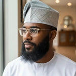 Usman gray handwoven Aso Oke Yoruba fila African hat for men by Dupsie’s African Fashion, premium Nigerian Aso Oke hat for African fashion and African clothing