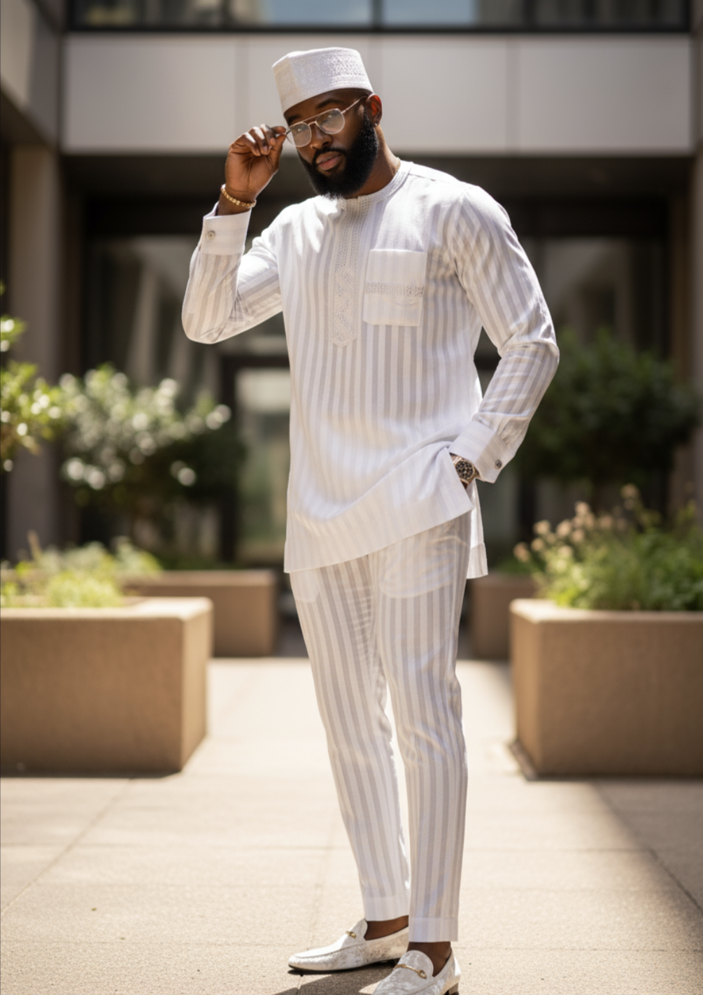 Utika All White Embroidered Atiku Striped African Senator Dashiki Top by Dupsie's African Fashion