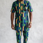 Vayo men's African print Dashiki set in navy blue, green and beige-gold with short-sleeve cotton shirt and matching pants.