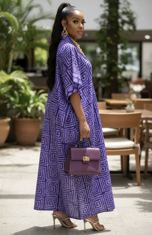 Freda - Elegant Purple African Print Loose fitting Boubou Dress | Traditional Ankara Kaftan for Women DPPAPMD25 | African Fashion