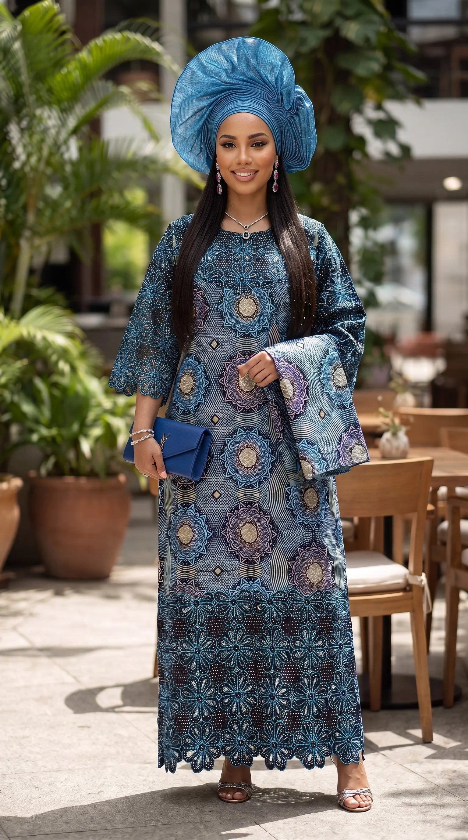 Wasope Blue African Embroidered Rhinestone Ankara Maxi Dress for Women | Nigerian African Party Dress | Dupsie's African Fashion DPDBTTRB