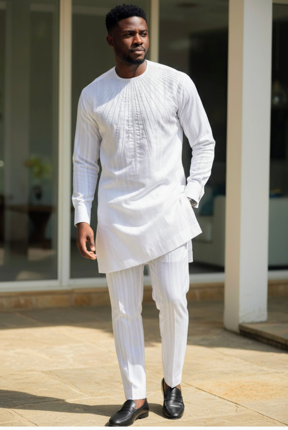 White Atiku Striped African Senator Dashiki Top with Starburst Embroidery