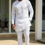 White Atiku Striped African Senator Dashiki Top with Starburst Embroidery