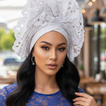Wonu white Aso Oke Autogele ready gele crown hat by Dupsie’s African Fashion front view for African clothing and African fashion for women