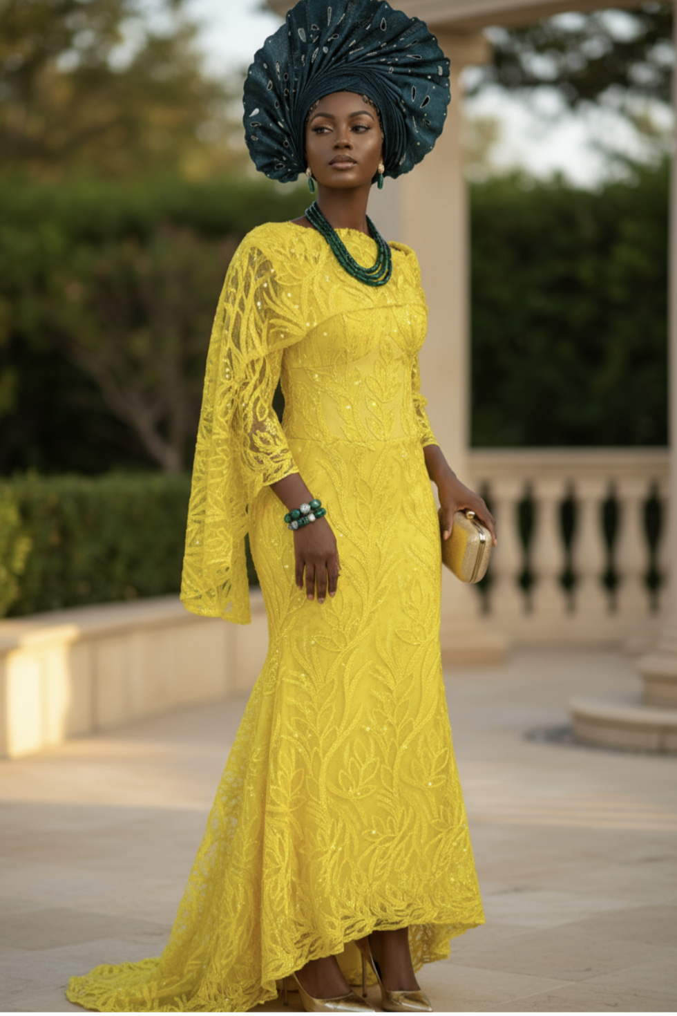 Yellow asymmetric neckline African sequin lace dress by Dupsie's African Fashion