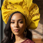 Yellow and Burgundy Damask Aso Oke Autogele head wrap hat by Dupsie's.