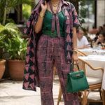 Yoruba Adire-inspired African tie-dye women's pants suit with luxury rhinestone detailing.