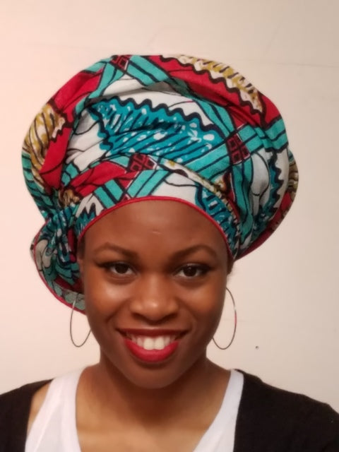 Teal, White, Red African Print Head Wrap