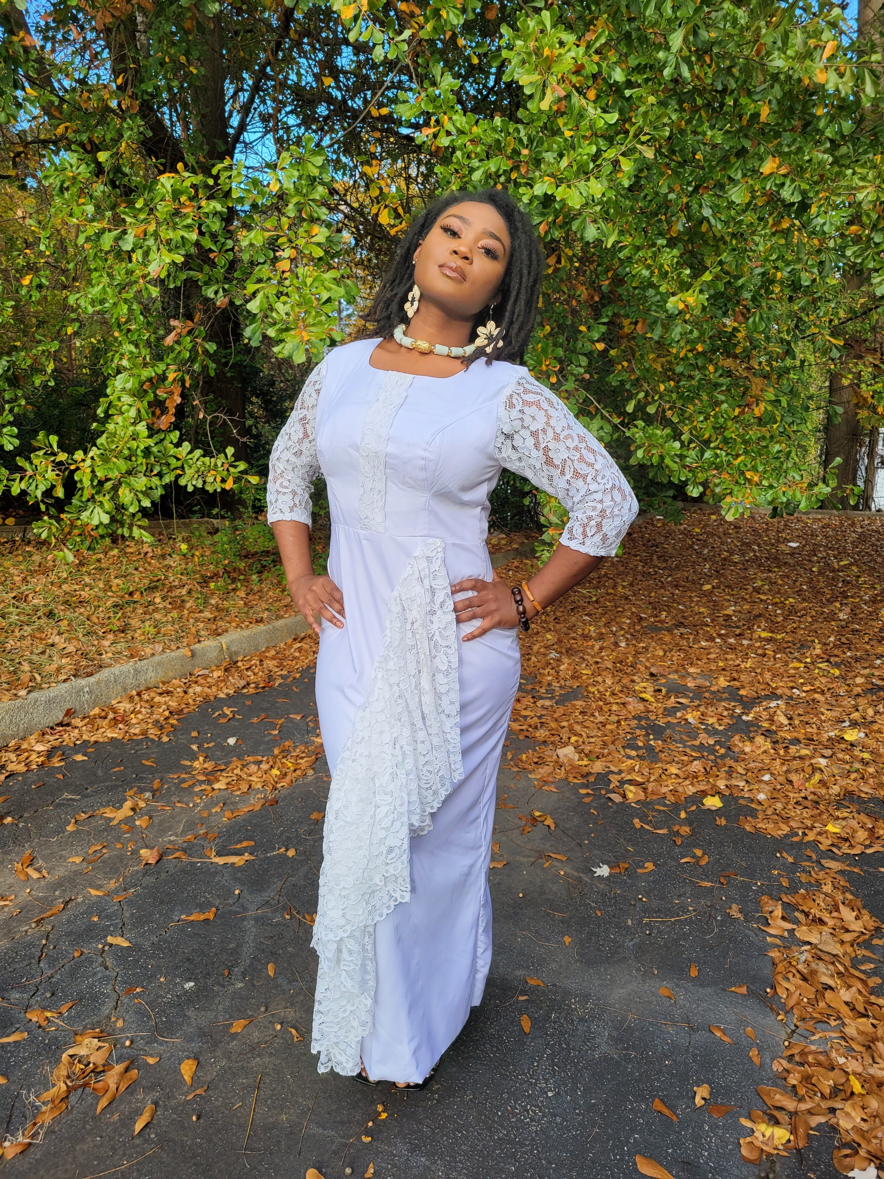 Ayabawa All White African Dress with Lace Trim - DP7020
