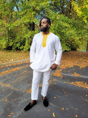 Abiodun White and Gold African Agbada Grand boubou Attire Large