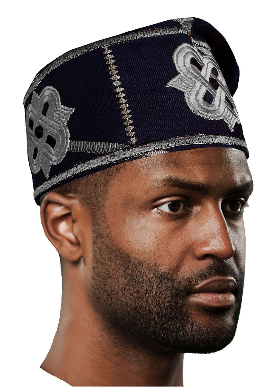 Navy-blue and Silver Embroidered African Hand woven Aso Oke Yoruba Hat