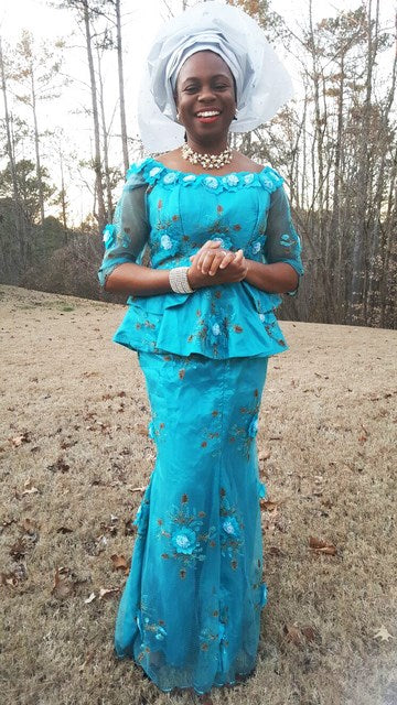 Turquoise African French Lace Top and Skirt with Petals-DP3168