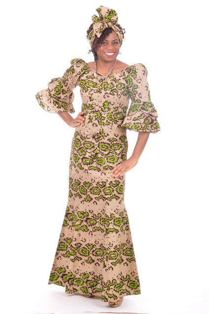 Green Beige Brown African Print Top and Skirt-DP3288