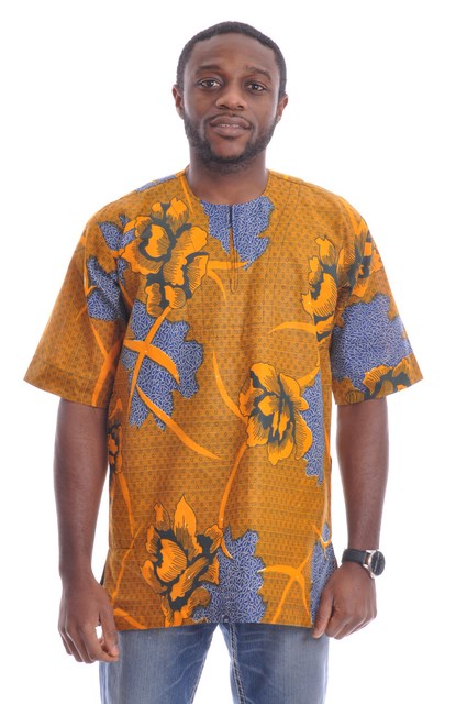 Orange Blue African Print Dashiki Shirt-DP3310M