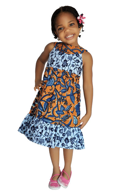 Blue and Brown African Print Dress For Girls-DPC484