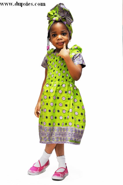 Green and Lilac African Print Smocked Dress for Girls-DPCAR40
