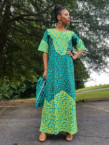 Dupsie's Exclusive Embroidered Green African Print Dress-DPX331