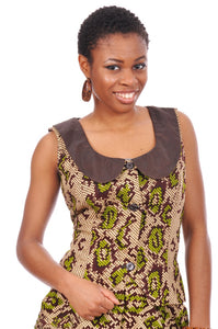 Green Brown and Beige African Print Top with Tafetta