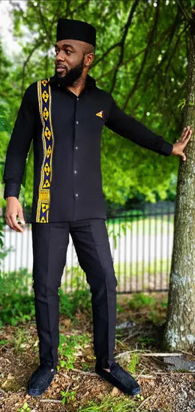 Zikomo Black Shirt with African Print Trim-DP2687M4 - Dupsie's