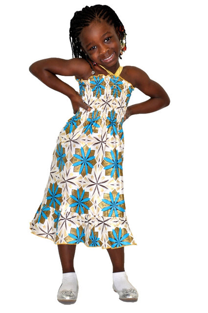 Blue, White and Gold Halter African print dress for Girls